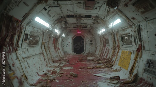 Abandoned spaceship interior with bloodstains and debris creating a chilling ambiance