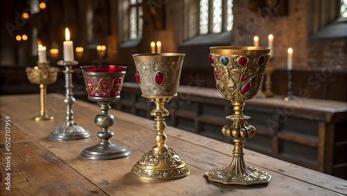 Four ornate antique goblets stand regally on a weathered oak table in a candlelit medieval hall photo