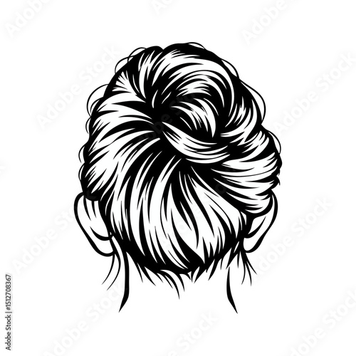 Black and white illustration of a messy hair bun with flowing strands