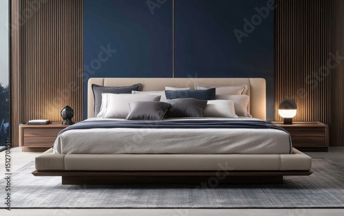 Cozy bedroom setup featuring a double bed with a beige upholstered headboard