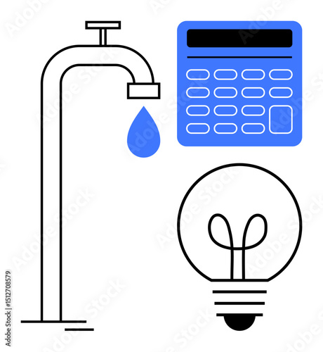 Water tap releasing a drop, blue calculator, light bulb. Ideal for sustainability, budgeting, energy saving, resource management, eco-friendly solutions, utility cost analysis flat simple metaphor