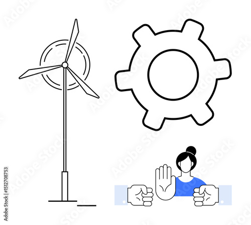 Wind turbine, large gear, and womans raised hand with two fists symbolize clean energy, collaboration, personal boundaries, innovation, sustainability, conflict resolution and workplace ethics. Flat