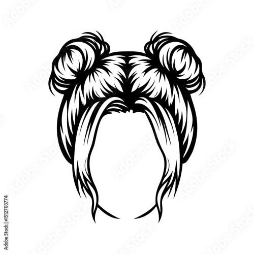 Stylish black and white illustration of double messy hair buns with flowing strands
