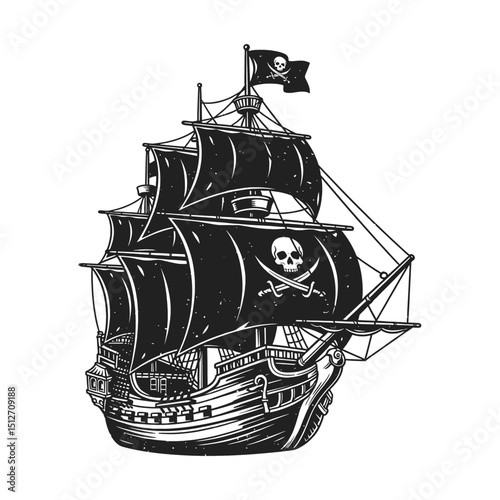 Classic pirate ship illustration with billowing sails and a Jolly Roger flag
