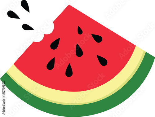 Bitten red watermelon slice with green rind and black seeds vector isolated on a transparent background. Hand drawn trendy flat style.