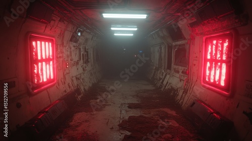 Fototapeta Naklejka Na Ścianę i Meble -  Atmospheric interior of futuristic corridor with red light and dark perspective