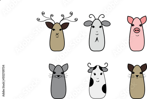 A charming set of minimalist animal characters in hand-drawn style. Includes deer, goat, pig, mouse, cow, and dog in soft pastel tones. Ideal for kids' products, nursery art, stickers, cards,