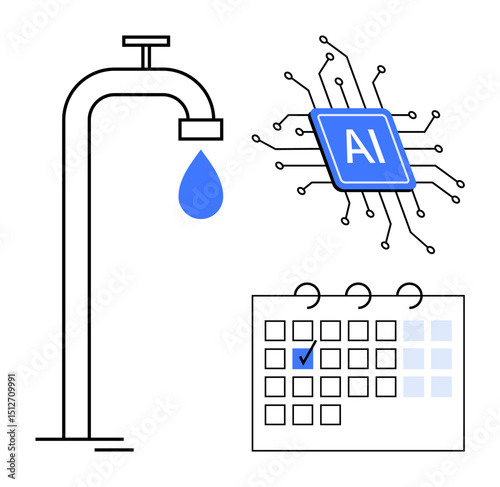 Water faucet with droplet, AI chip with connected lines, and a marked calendar suggest efficiency, automation, and planning. Ideal for technology, sustainability, time management, resource