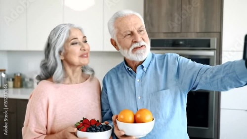 Senior Couple Taking Photo with Fresh Fruits at Home