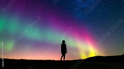 Silhouette gazing at vibrant aurora borealis display under starry night sky footage