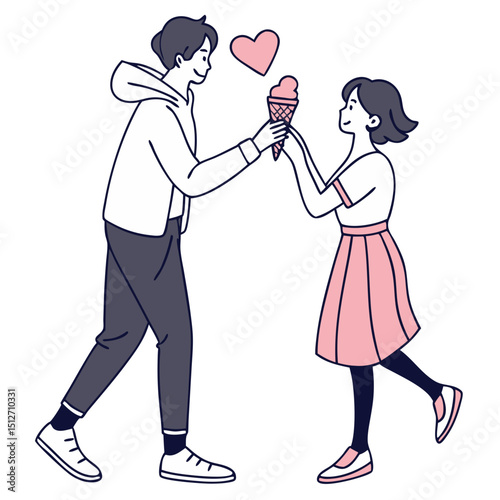 Couple Sharing Heart-Shaped Ice Cream – Cute Vector. Perfect for: Valentine’s Day, Summer Dates, Sweetest Day