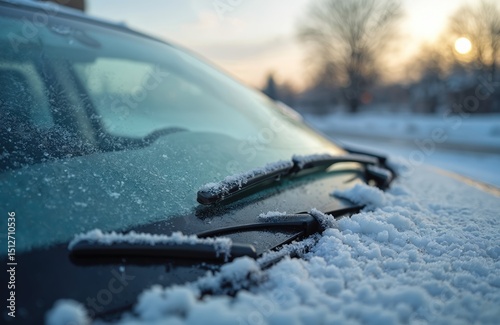 Frosted car windshield wiper concept dangerous winter driving season. Snow covered car with frosted window covered in ice. Winter weather conditions, cold temperatures, snowy road, frozen vehicle,