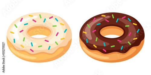 Flat vector cartoon-style illustration of two donuts: one with white glaze and one with chocolate glaze, both topped with colorful sprinkles. Colorful and bright design.