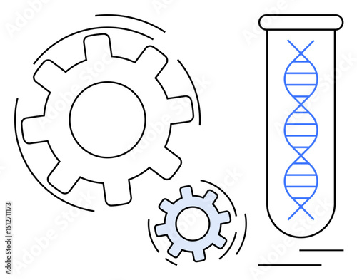 Gears symbolizing engineering with DNA strand in a test tube representing biotechnology integration. Ideal for science, engineering, innovation, biotech, genetics, research, modern technology. Flat