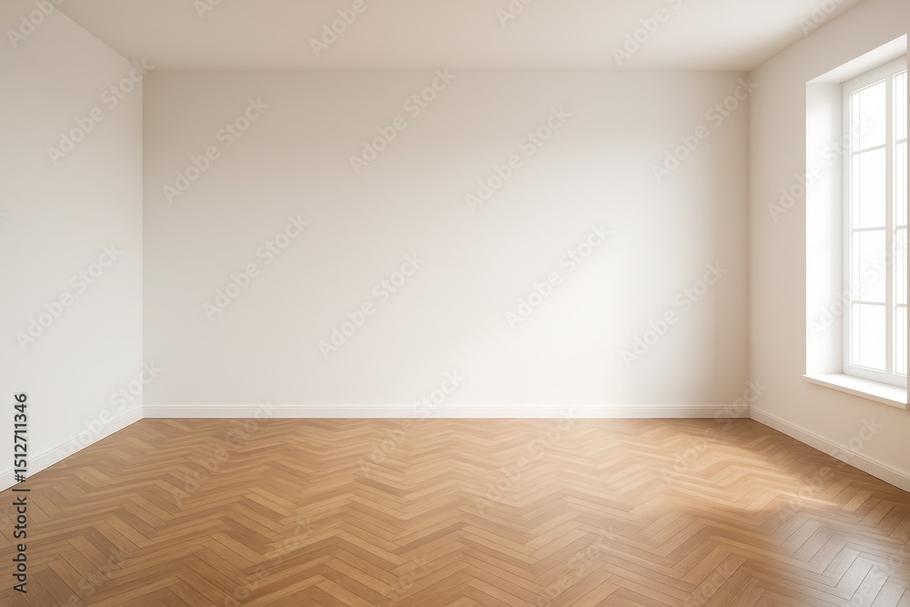 Fototapeta premium Spacious Modern Interior Empty Room with Polished Wooden Parquet Floor and a Large Blank White Wall Ready for Customization or Virtual Staging