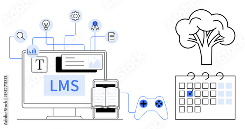 Computer monitor with LMS interface, open book, game controller, calendar, tree, and creative icons. Ideal for education, e-learning, online courses technology scheduling gamification eco