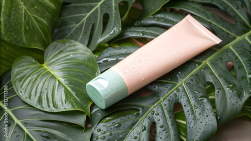 A minimalist skincare tube in soft pastel tones (peach or mint) rests elegantly on a bed of lush, dewy green leaves—broad monstera or glossy ficus leaves with prominent veining