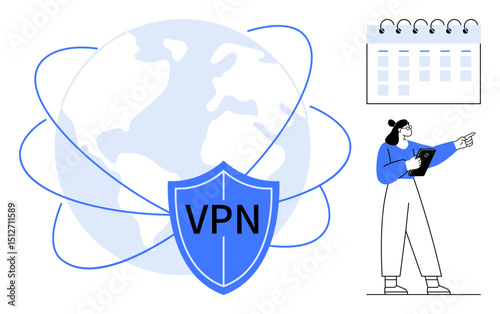 Blue shield labeled VPN covering a globe with orbiting connections, woman holding a tablet pointing, and a calendar. Ideal for cybersecurity, privacy, global access, scheduling, remote work, online