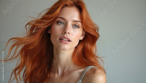 Beautiful young woman with coppery hair. Portrait of girl with red hair, delicate features, beautiful eyes, isolated. Girl looks directly at camera. Attractive appearance perfect for advertising