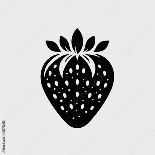 a single pure black silhouette strawberry silhouette with seeds hinted as tiny dots, flat vector style 
