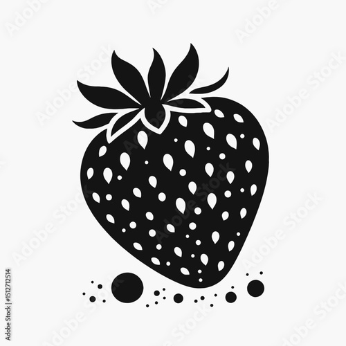 a single pure black silhouette strawberry silhouette with seeds hinted as tiny dots, flat vector style 