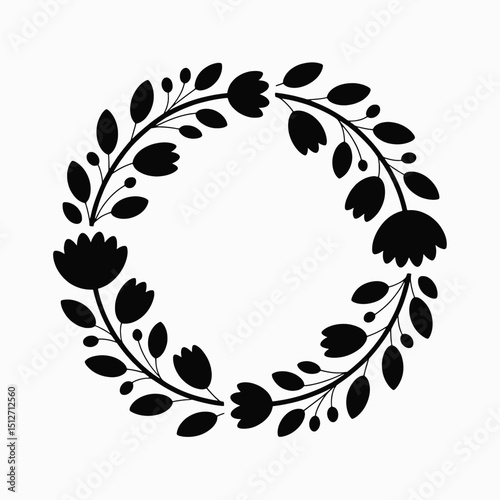  Abstract floral wreath silhouette, black on white 