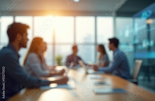 Blurred business office meeting. People in casual wear sitting at conference table with laptops. Modern workplace interior with large windows. Teamwork concept, business communication.