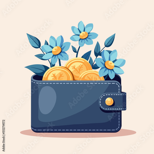 Icon of a wallet filled with coins and flowers on a soft background  