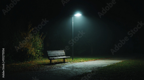 Lonely park bench under a streetlight shrouded in fog