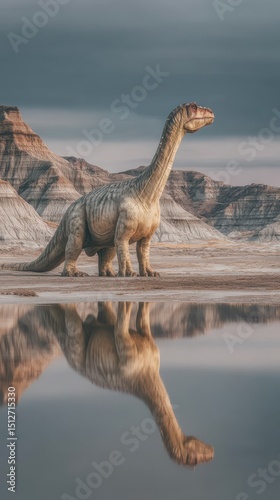 Dinosaur stands majestically beside a calm body of water in a prehistoric landscape during late afternoon light photo