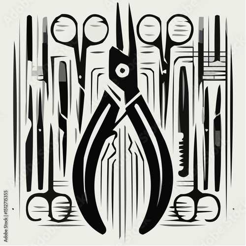 Hair salon tools including scissors and pliers on a patterned background  