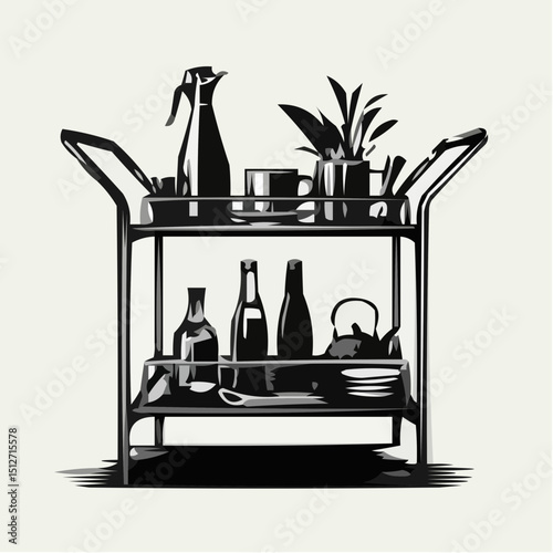 Serving cart with cleaning supplies and plants in minimalist style  