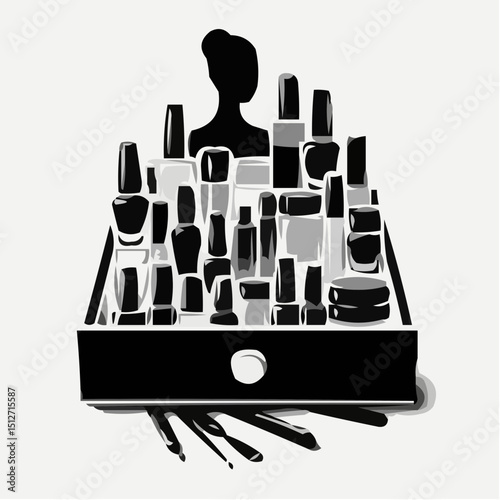Nail polish collection in drawer with silhouette of a woman - Concept of Beauty salon  