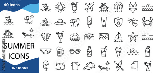 Summer Symbol Vector Set – Beach, Sun, Ice Cream, Sunglasses, Palm Tree, Flip-Flops, Bikini, Surfboard, Umbrella, Drink Icons Pack