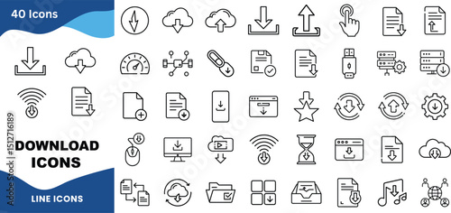 Vector Outline Download Icon Set – Cloud, Document, Web, Folder, File, PDF, Arrow, Button, Desktop Symbol Vector