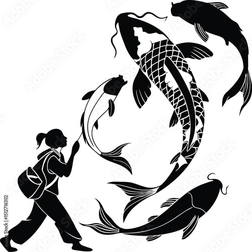 Silhouette of a Woman with Koi Fish a Symbol of Good Fortune