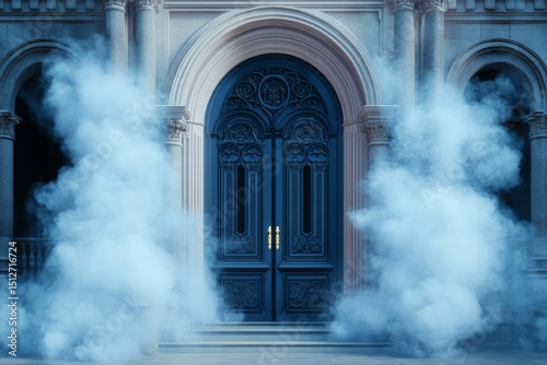 The blue door is surrounded by a cloud of smoke