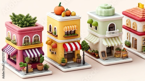 Charming Voxel Style Buildings with Vibrant Facades and Rooftop Gardens