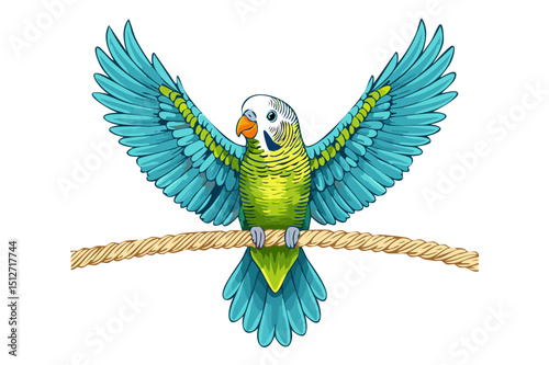Budgie or budgerigar sitting on a rope with open wings and isolated on white background, australian tropical bird, Budgerigar, common parakeet, shell parakeet or budgie (Melopsittacus undulatus)