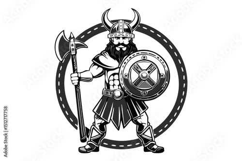 Black and white portrait of a frowning angry Celtic warrior in a horned helmet,  with shield and axe, Viking or Gallic warrior,