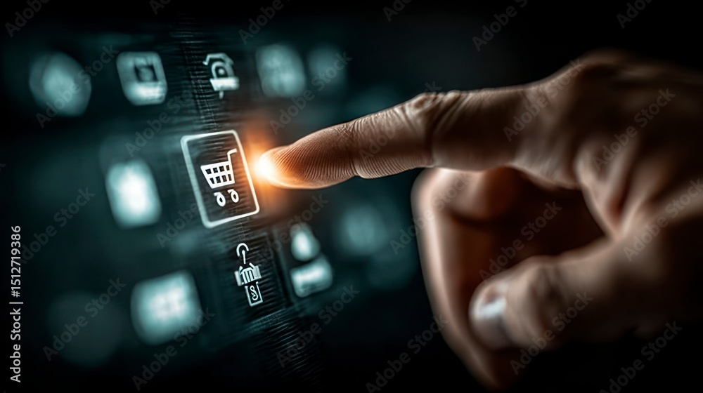 Obraz premium Finger Pressing Shopping Cart Icon on Digital Screen for Ecommerce and Online Shopping Concept