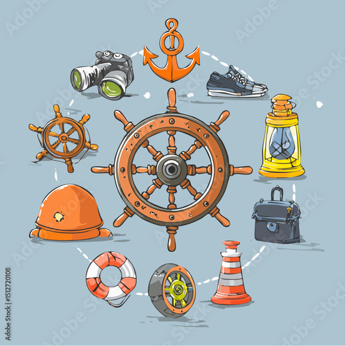 Nautical themed vector illustration featuring ship wheel anchor and other maritime related objects art