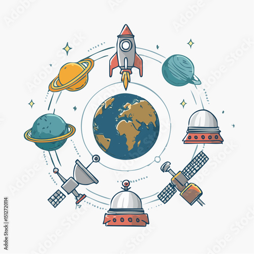 Explore space with rocket ship, planets, satellites and earth illustration vector graphic design