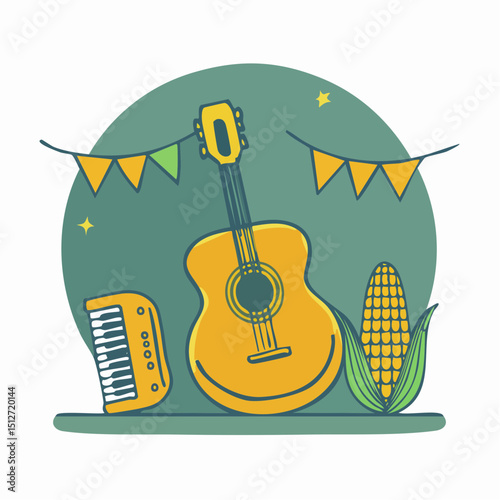 Celebrate festa junina with guitar accordion and corn a vibrant june festival illustration art