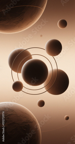Planets and spheres in an abstract space scene with rings and orbits