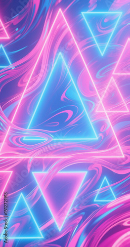 Abstract background with neon triangles and swirling fluid shapes
