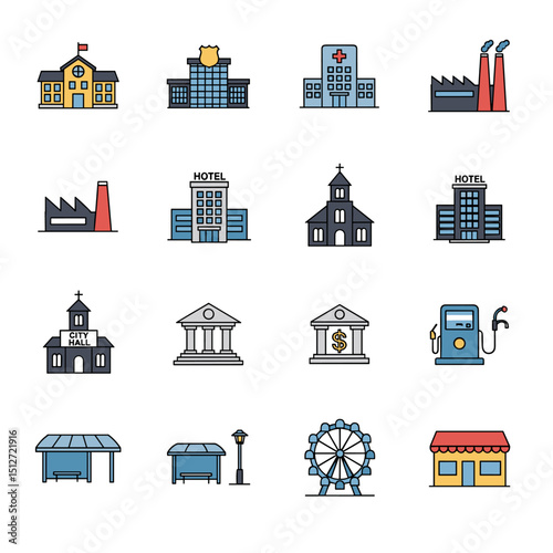 Iconic Buildings: a set of detailed and colorful illustrations of iconic buildings and structures, showcasing urban architecture in a clean, modern style.