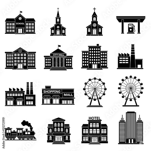 Architectural Icons: A comprehensive set of iconic buildings, each rendered in a minimalist style. This collection of architectural symbols is perfect for illustrating urban landscapes and concepts.
