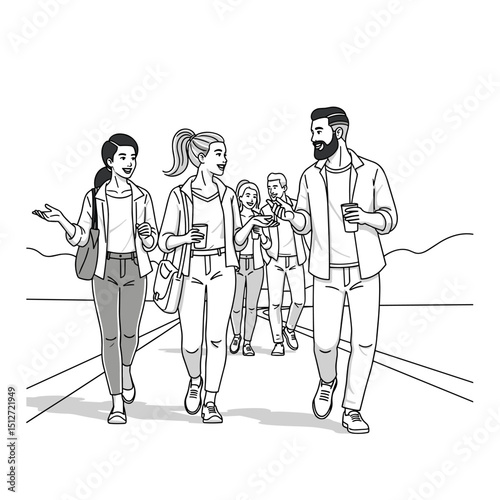 Leisurely Stroll: A group of individuals enjoys a relaxed walk, engaging in conversation and savoring the ambiance of the outdoors.
