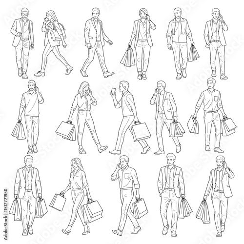 Urban Shoppers: A collection of stylish shoppers navigating city streets, holding shopping bags while engaged in phone conversations. Capturing the essence of modern urban lifestyle and consumerism.
